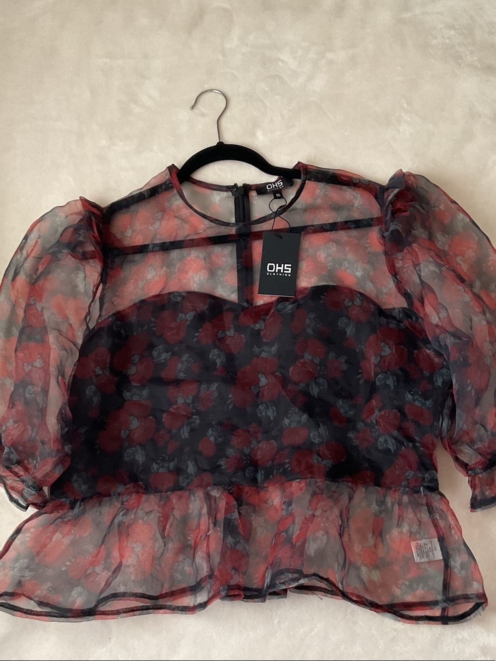 Sheer Floral Peplum Blouse in Black and Red